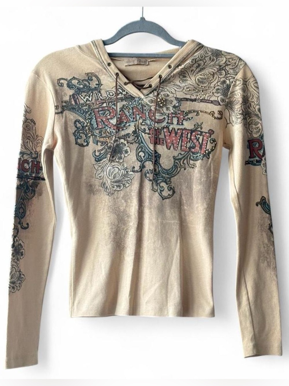 Vintage Y2K 100% Cotton Western Print Fitted Long Sleeve Tee with Hood Size S